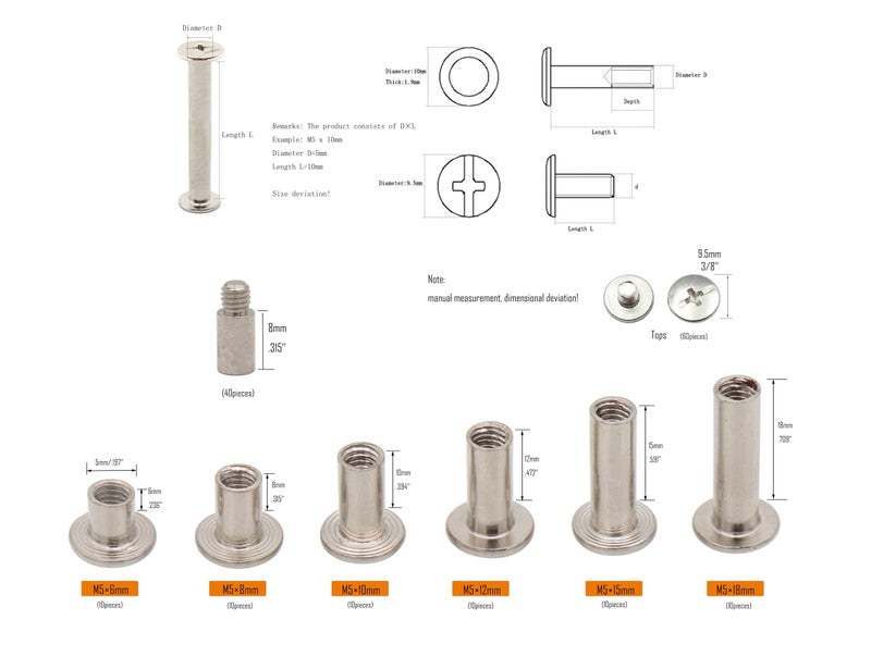 LBY 160pcs Phillips Chicago Screws, M5 x 6/8/10/12/15/18mm Binding Screw Posts, Binding Barrels and Screws Assortment Kit, with Extention Posts (40pcs), Nickel-Plated (Silvery) - Image 5